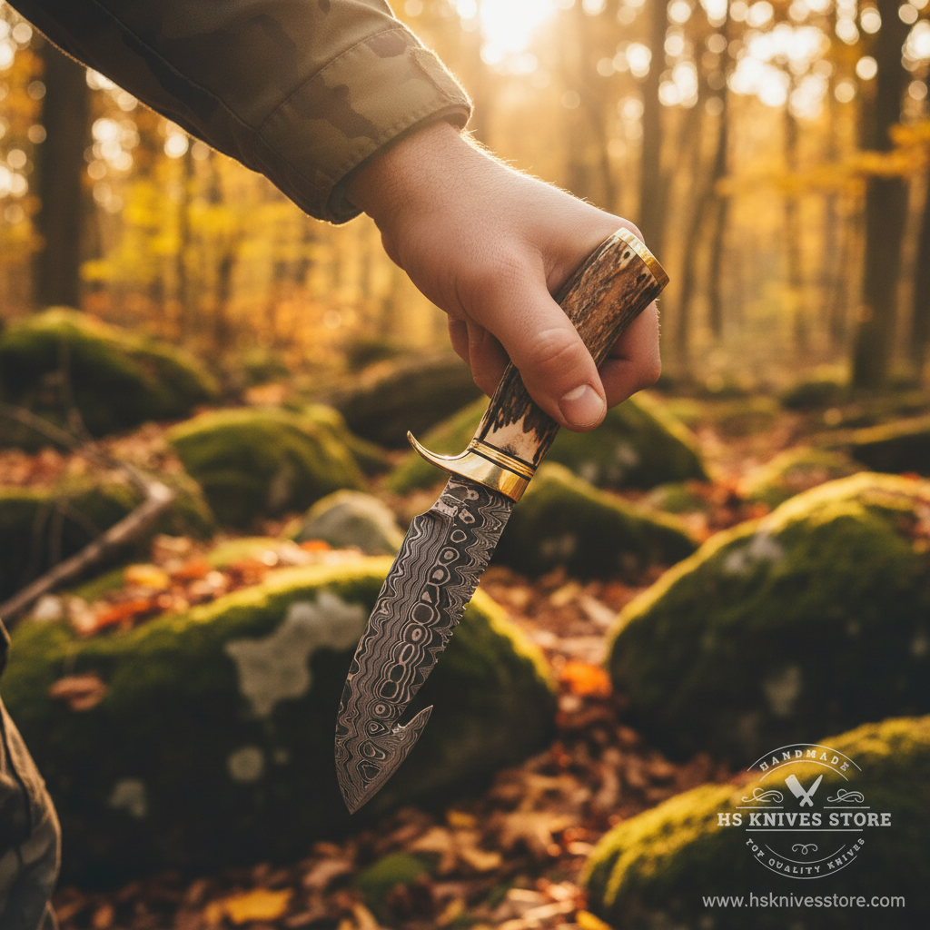 Hunter hand gripping natural stag antler handle Damascus steel gut hook hunting knife in field dressing pose outdoor forest golden sunlight