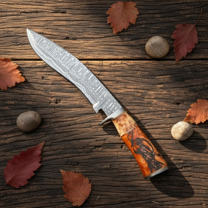 Damascus Bowie knife with colored bone handle flat lay on rustic dark wood surface