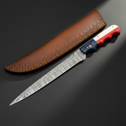 Damascus steel fillet knife with red white blue handle and brown leather sheath, mirror studio shot left facing