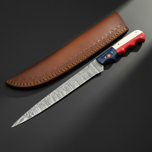 Damascus steel fillet knife with red white blue handle and brown leather sheath, mirror studio shot left facing
