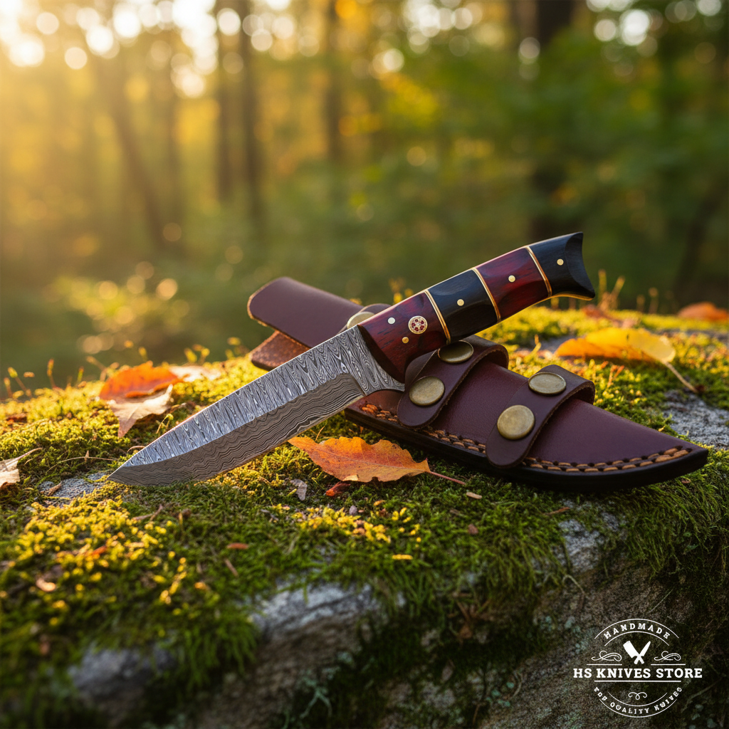 Damascus steel hunting knife with red black buffalo horn handle and dark burgundy leather belt sheath on mossy rocks in forest setting