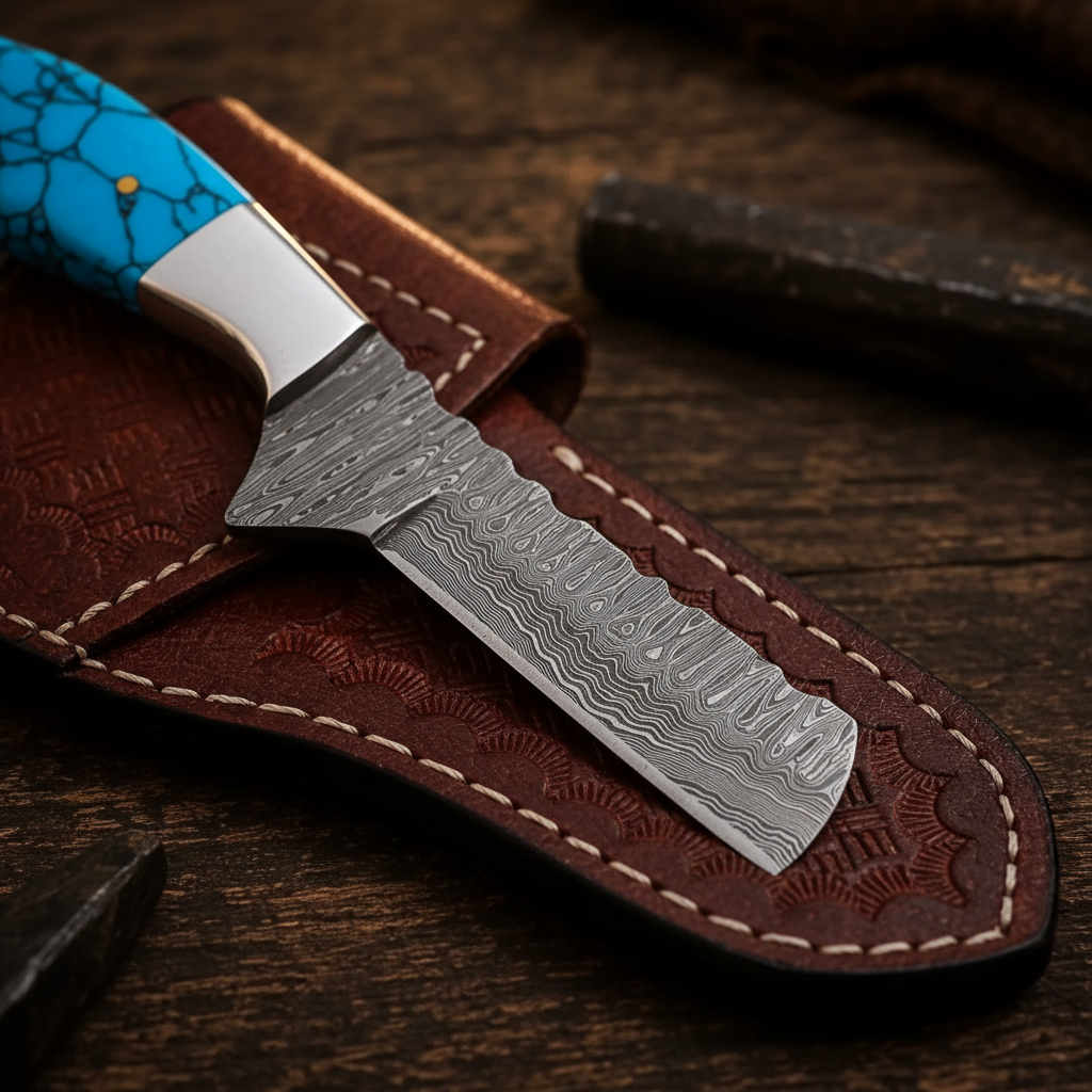 Macro detail of the hand-forged 4-inch 1095 and 15N20 Damascus steel Bull Cutter blade