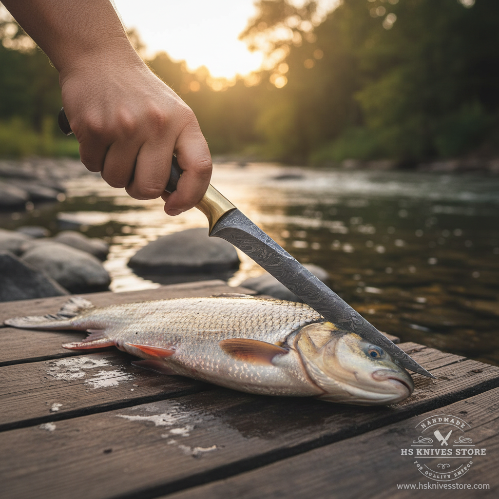Fisherman hand gripping rosewood handle Damascus steel fillet knife filleting fresh fish on wooden dock riverside golden hour