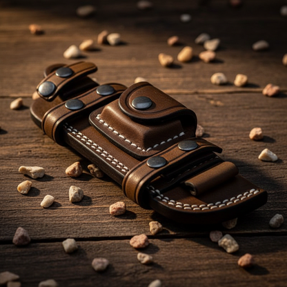 Dark brown leather tracker knife sheath with metal rivets and multiple belt loops detail macro shot