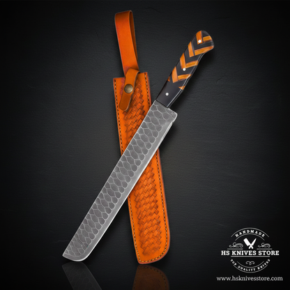 Mirrored long Damascus brisket slicing knife showing honeycomb blade pattern and chevron handle