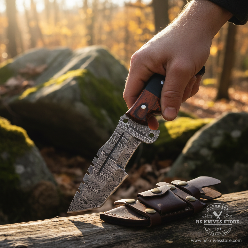 Hunter hand gripping two-tone micarta handle Damascus steel tracker knife in confident outdoor pose forest golden sunlight with brown leather sheath on log