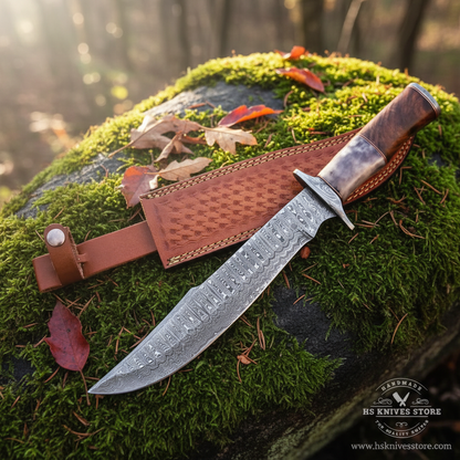 Damascus Bowie knife colored bone rosewood handle on mossy rocks outdoor forest setting with rust cognac basket weave leather sheath