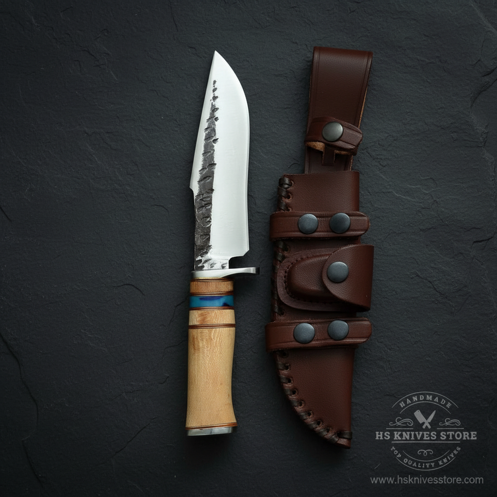 Vertical luxury shot of hand forged hunting knife hidden tang stacked handle on dark slate background with dark brown leather sheath