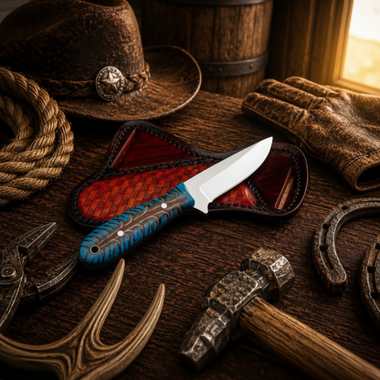 Left-side angle of a satin drop-point D2 cowboy knife with stabilized turquoise pine cone handle near a ranch barn
