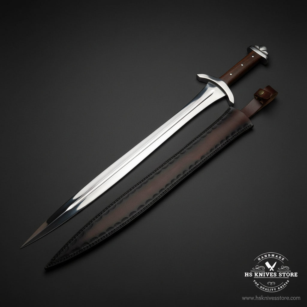D2 steel Viking sword with rosewood handle and leather scabbard on dark charcoal studio background horizontal