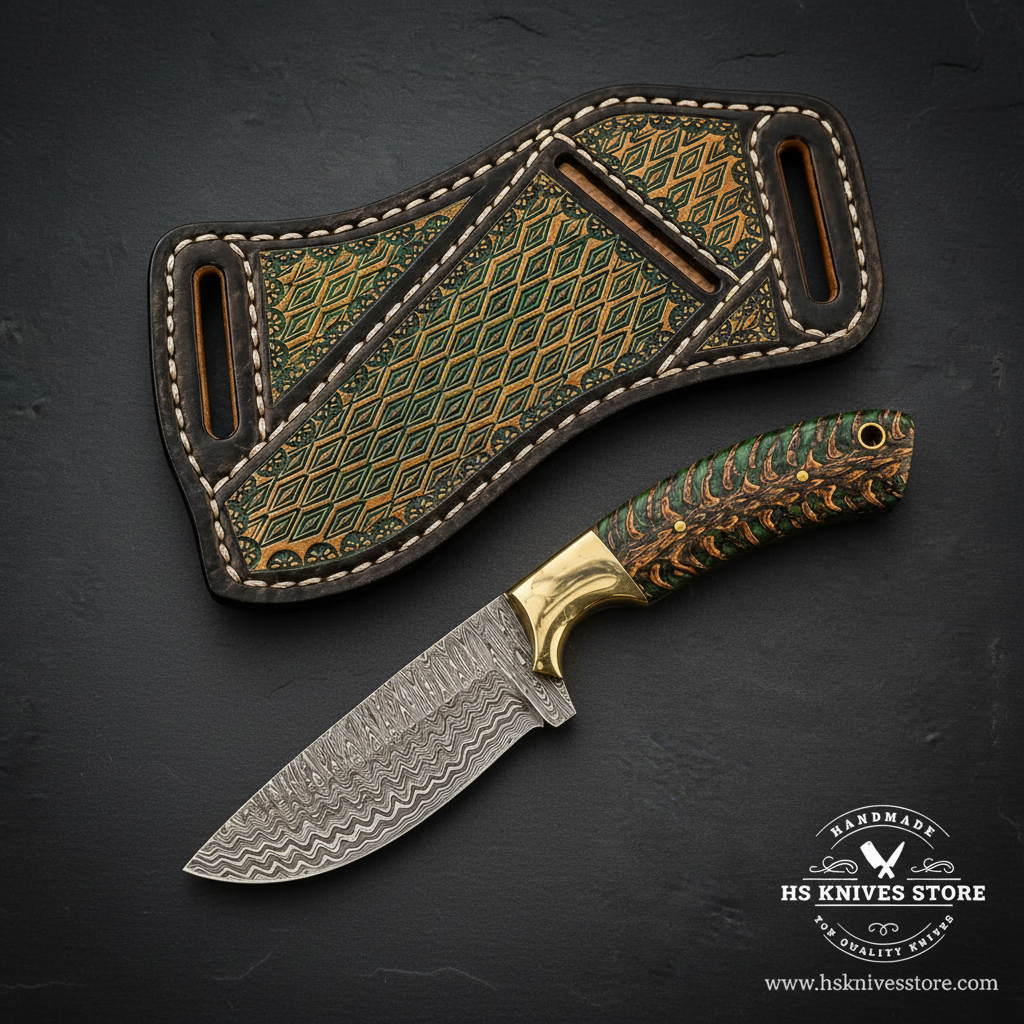 Green pinecone Damascus Skinner Knife and diamond-stamped scout sheath on dark slate