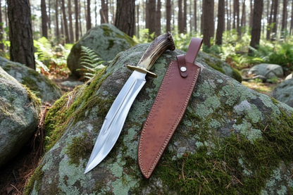 Handmade Bowie knife with antler crown handle on mossy rocks outdoors