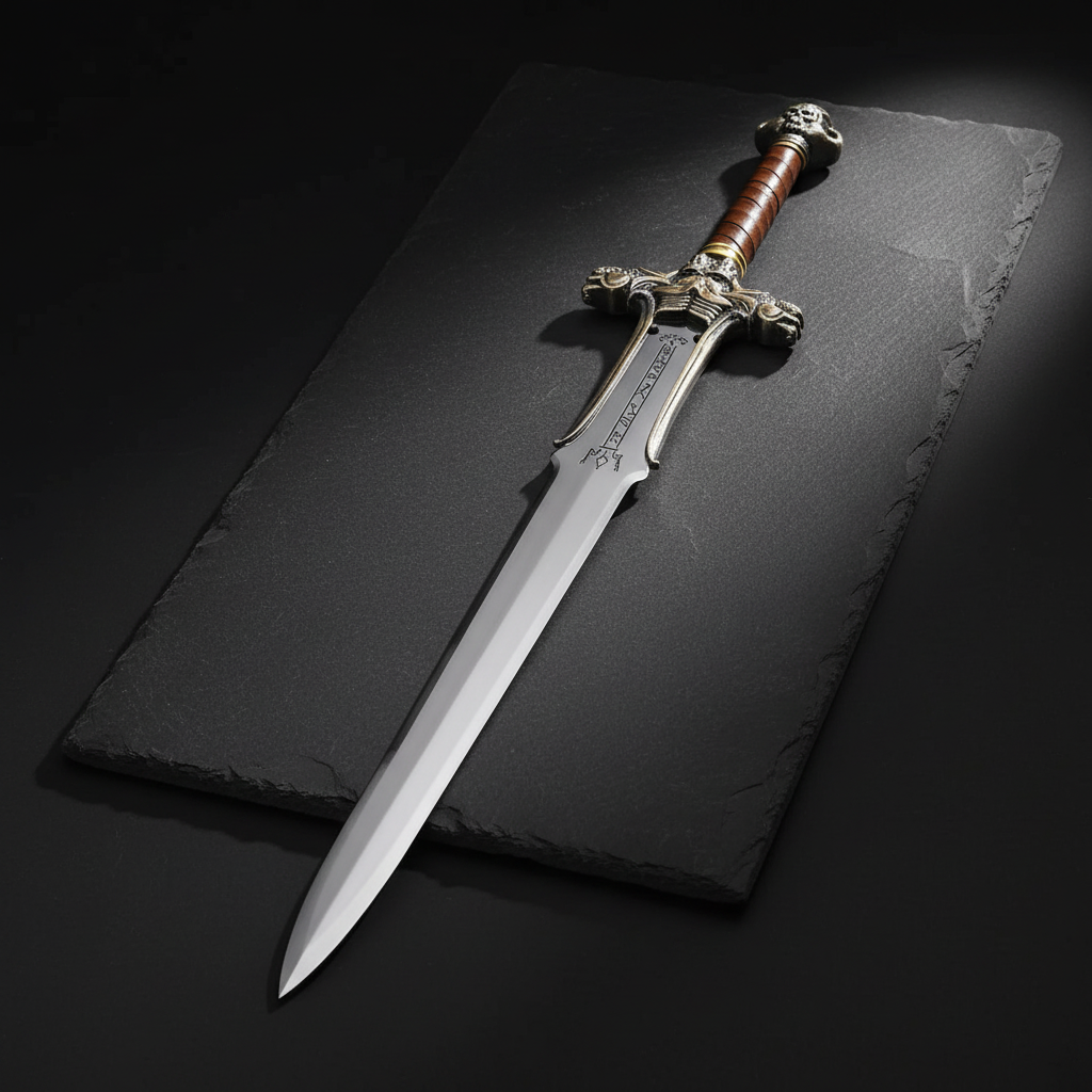 Vertical luxury shot of barbarian broad sword with dragon guard on dark slate background blade pointing up