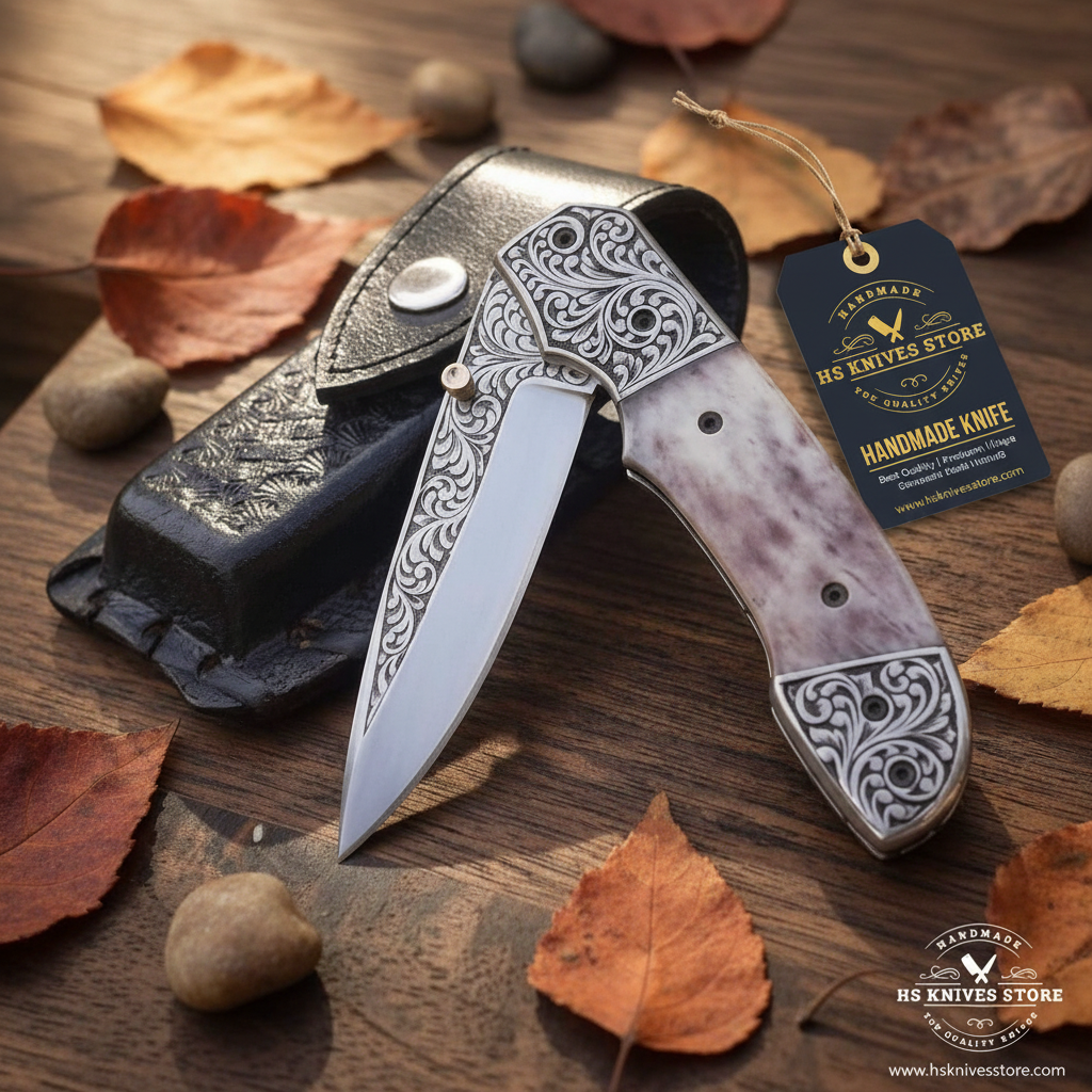 Camel bone handle folding knife flat lay on dark rustic wood with HS Knives Store hang tag attached autumn leaves