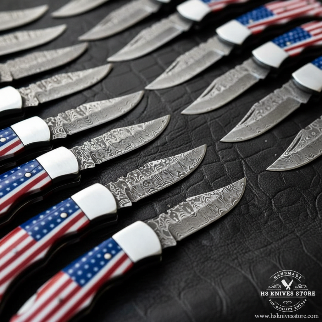 Close-up macro of multiple Damascus steel folding knife blades fanned out showing bold swirling wave Damascus pattern