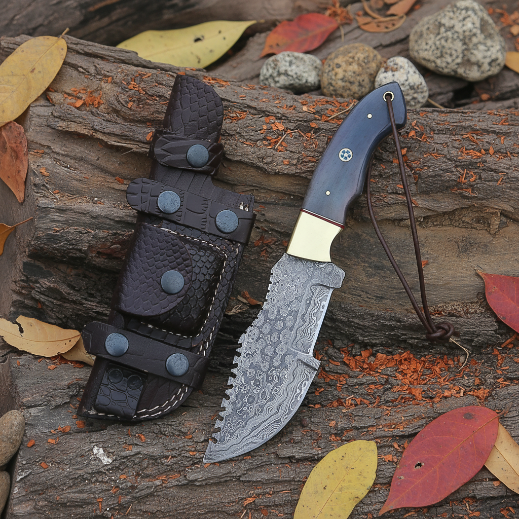 Damascus tracker knife with blue bone handle and black leather sheath flat lay on dark rustic wood surface
