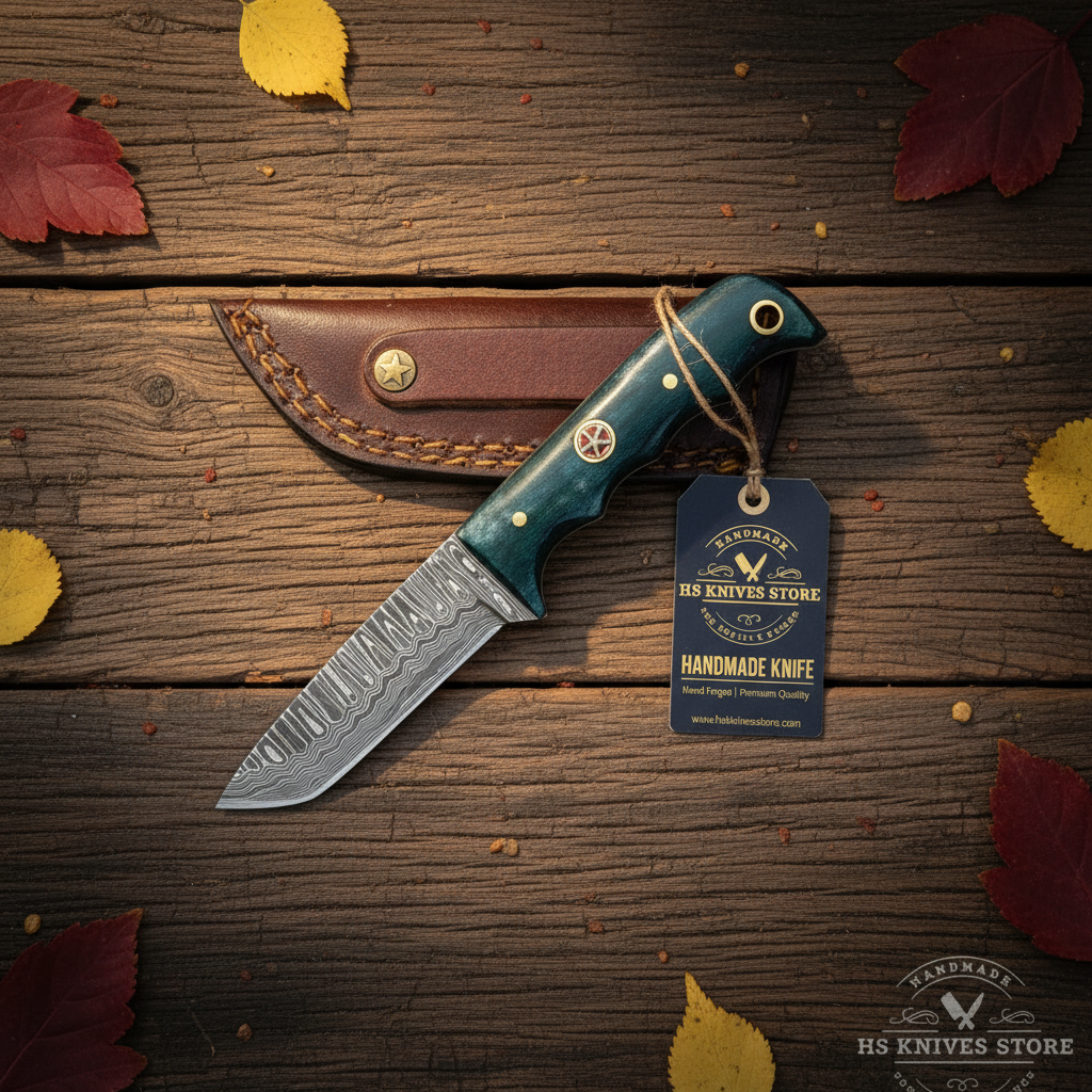 Damascus tanto skinner knife flat lay with teal bone handle hang tag and burgundy leather sheath on dark rustic wood with autumn leaves