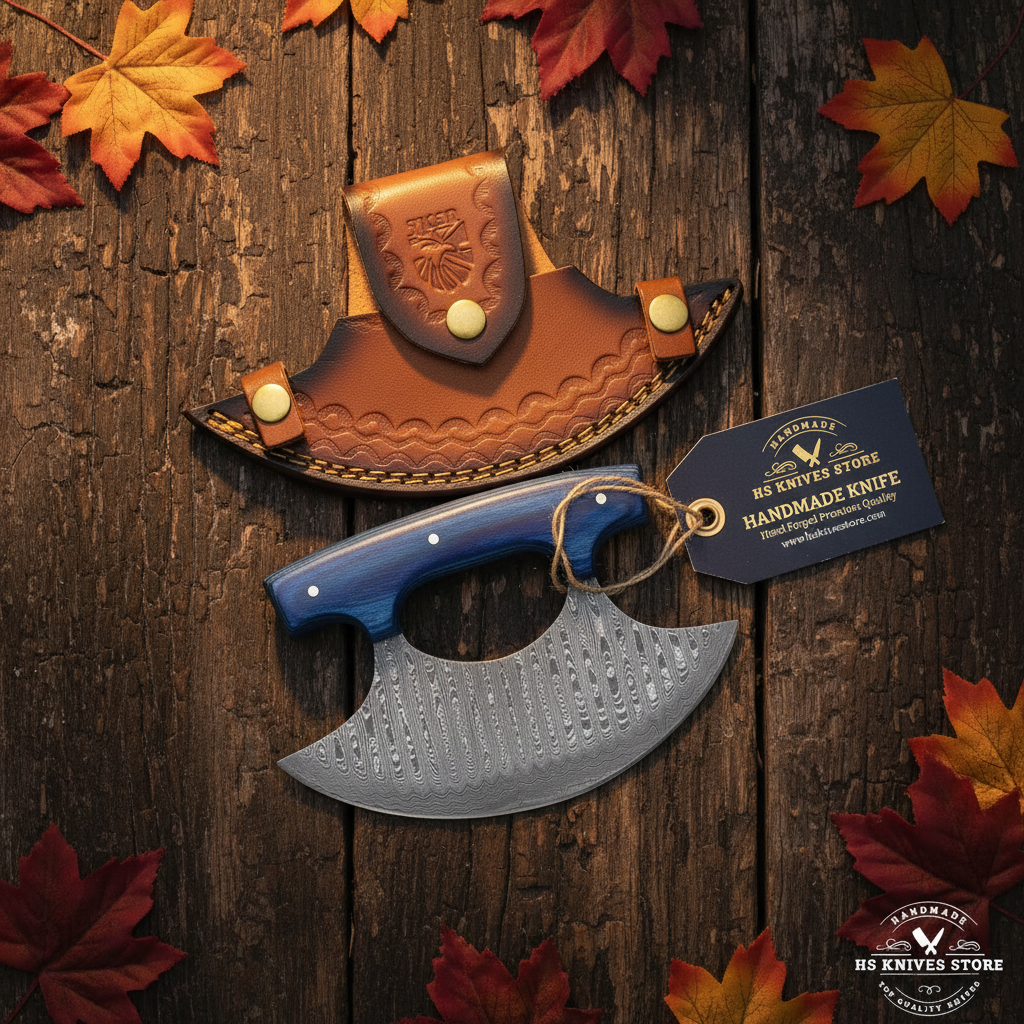 Damascus ulu knife flat lay with blue pakkawood handle hang tag on handle and crescent leather sheath on dark rustic wood with autumn leaves