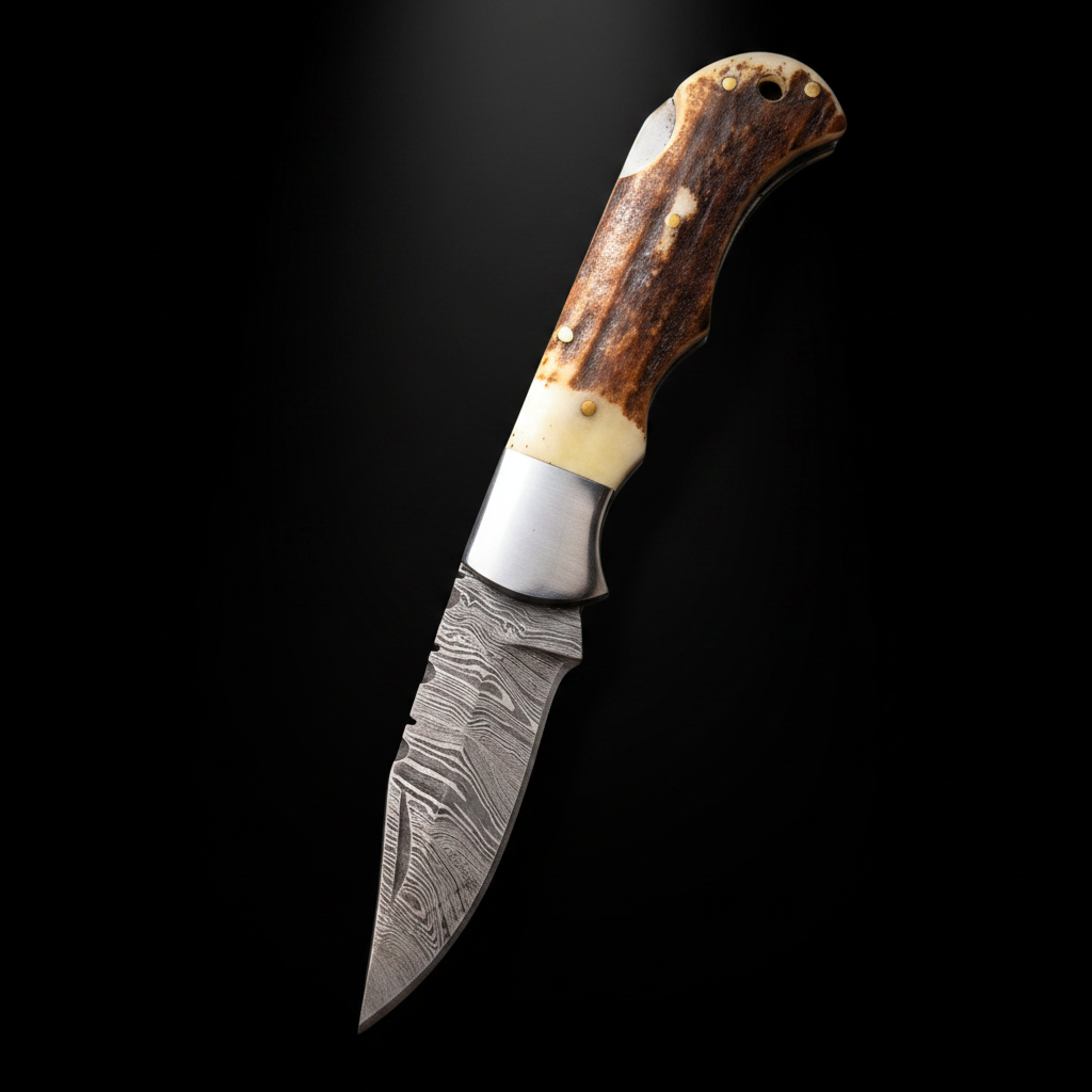 Handmade Damascus steel folding pocket knife with stag antler handle open blade on black studio background