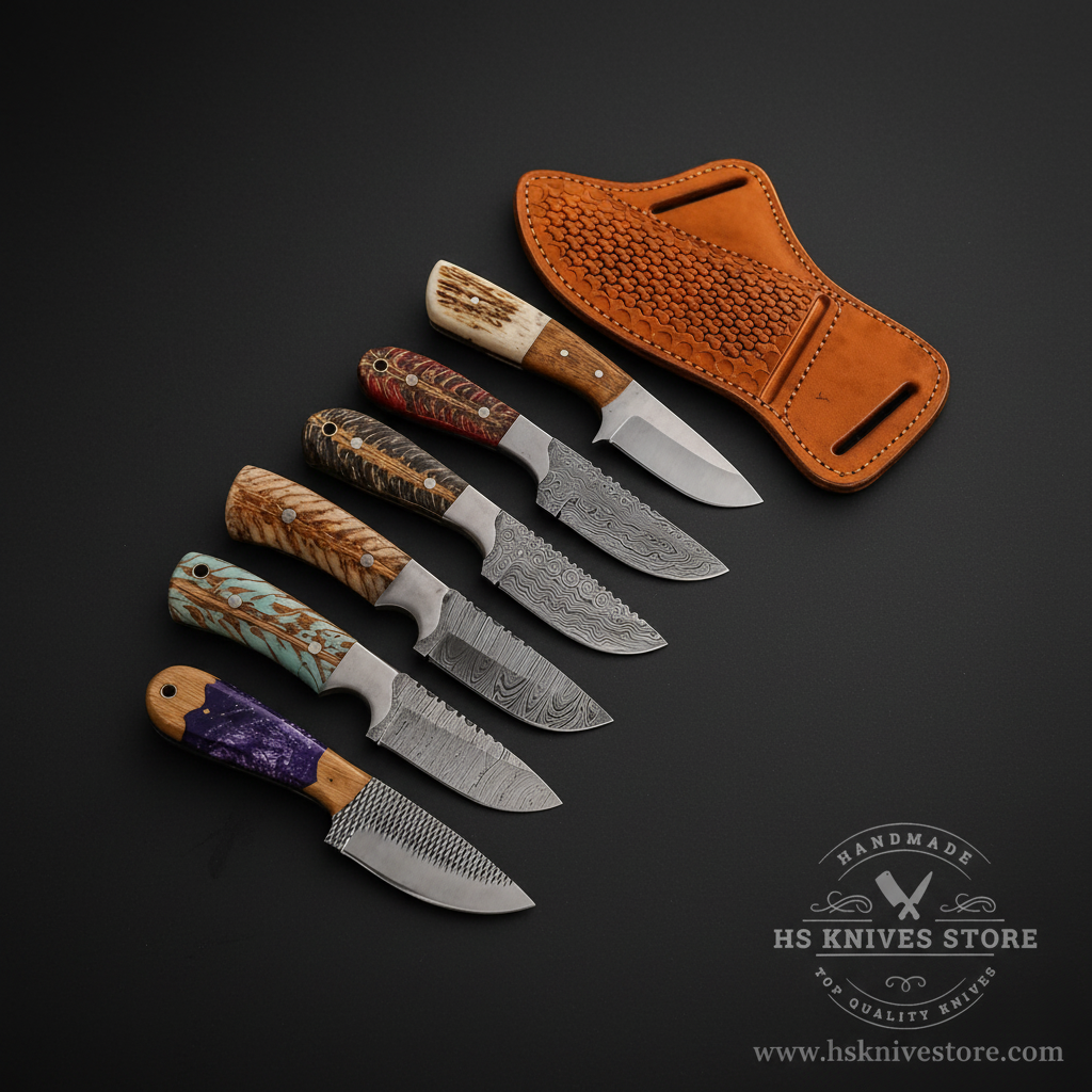 6-piece skinner knife bundle Damascus stainless steel mixed handles orange honeycomb sheath dark charcoal studio background