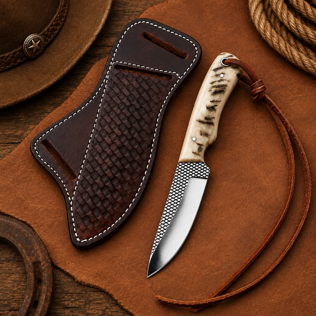 Reverse display of ram horn Skinner knife and brown basketweave leather sheath on saddle leather