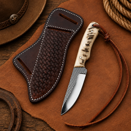 Reverse display of ram horn Skinner knife and brown basketweave leather sheath on saddle leather