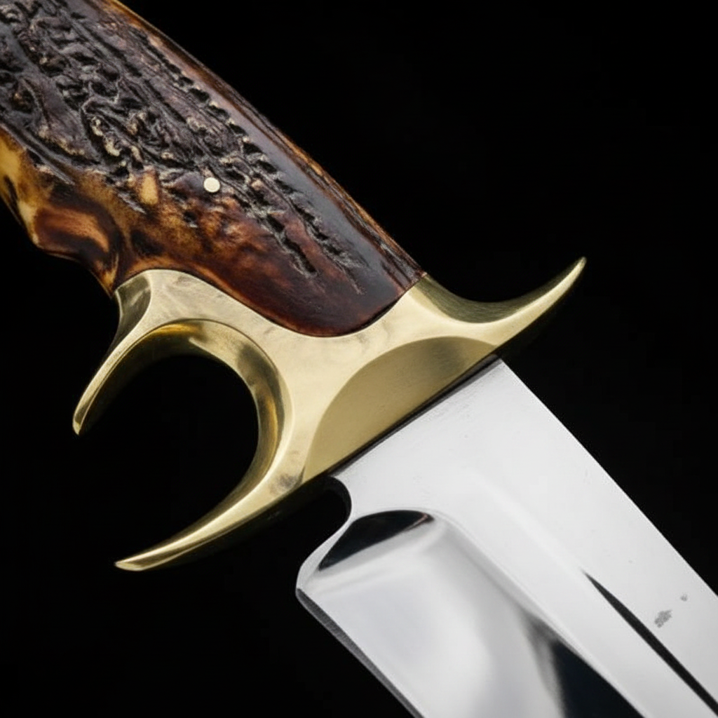 Close up of stag horn handle Bowie knife detail