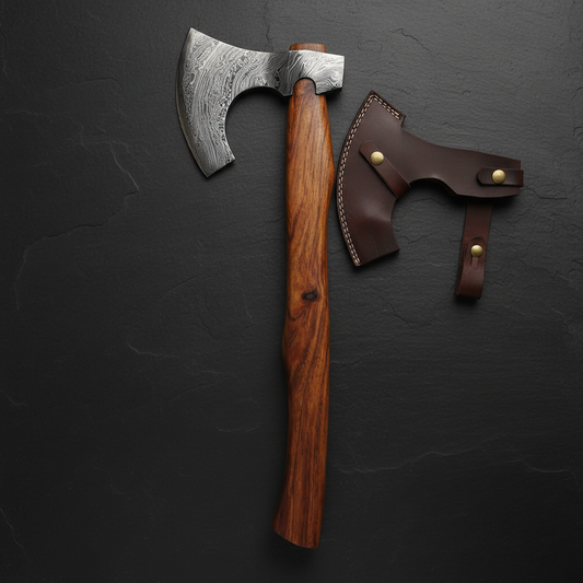 Vertical luxury shot of hand forged Damascus Viking bearded axe on dark slate background axe head pointing up