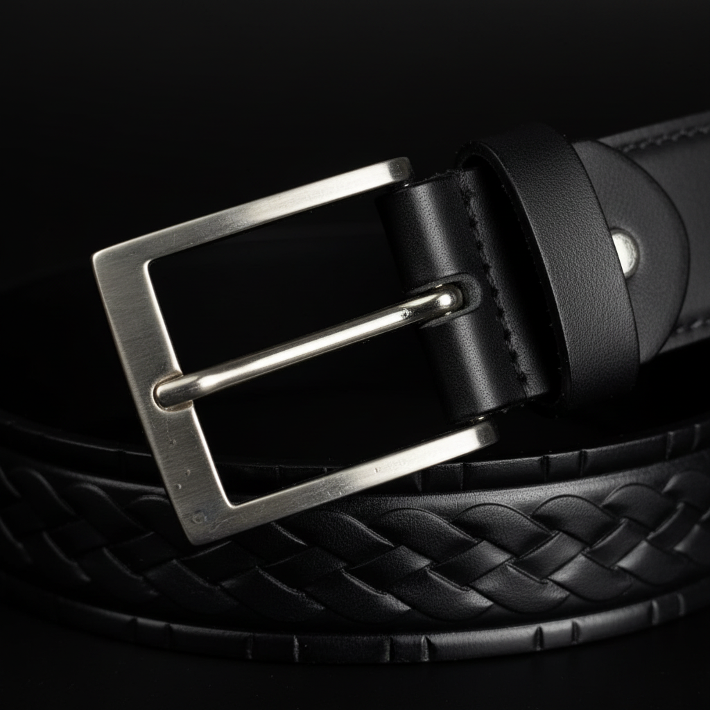 Stainless steel pin buckle macro close-up black leather western belt