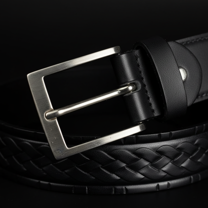 Stainless steel pin buckle macro close-up black leather western belt