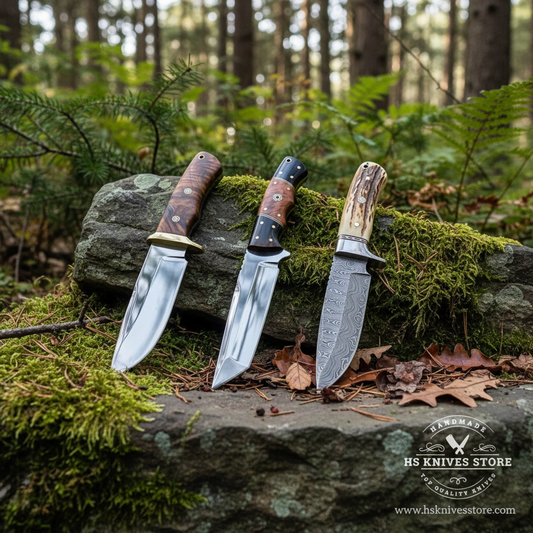 3-piece hunting knife gift set resting on large mossy rocks in outdoor forest setting all blades clearly visible