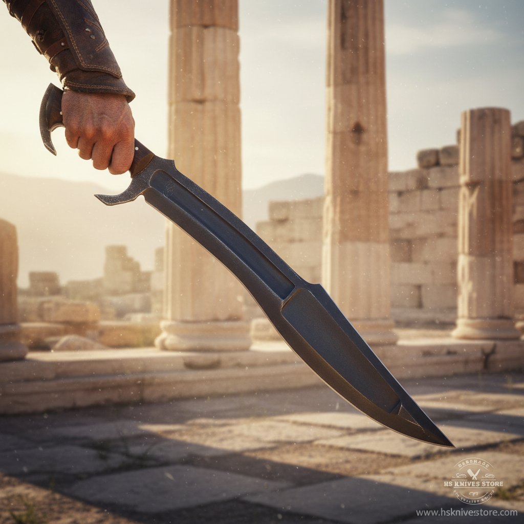 Warrior hand gripping Spartan Kopis sword rosewood handle diagonally against ancient Greek stone ruins with golden hour sunlight cinematic