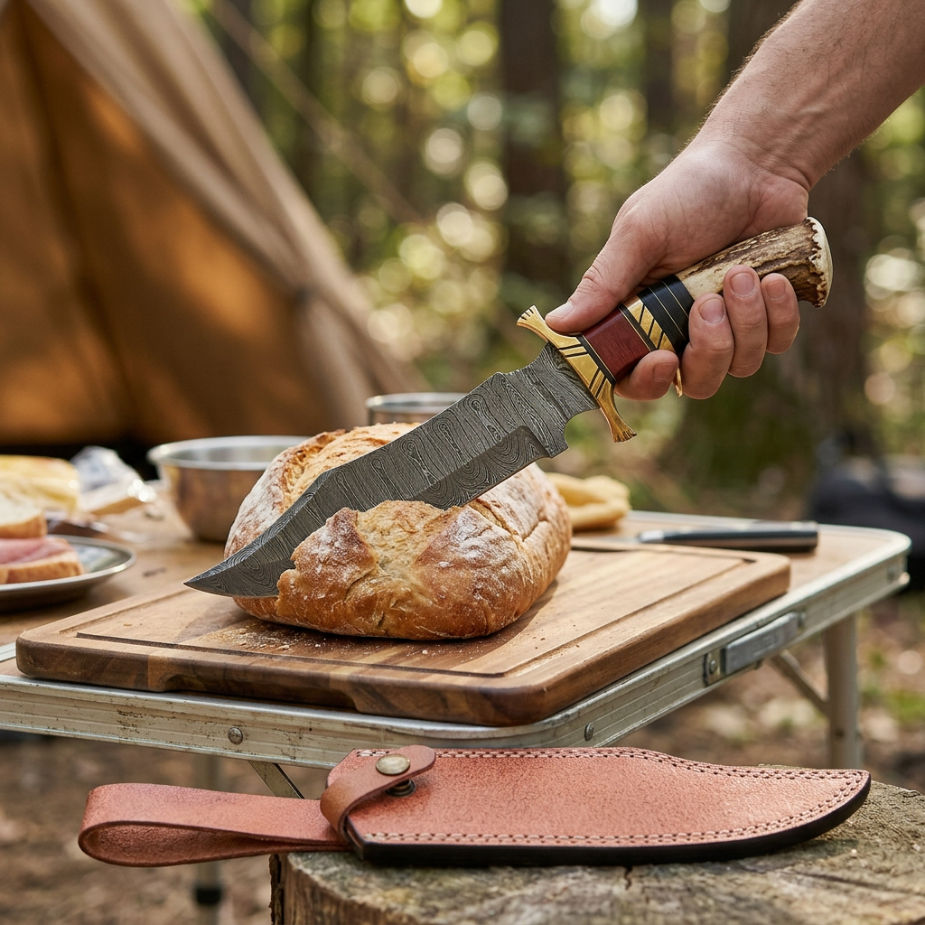 Adult using Damascus Bowie for bread preparation on a camping cutting board