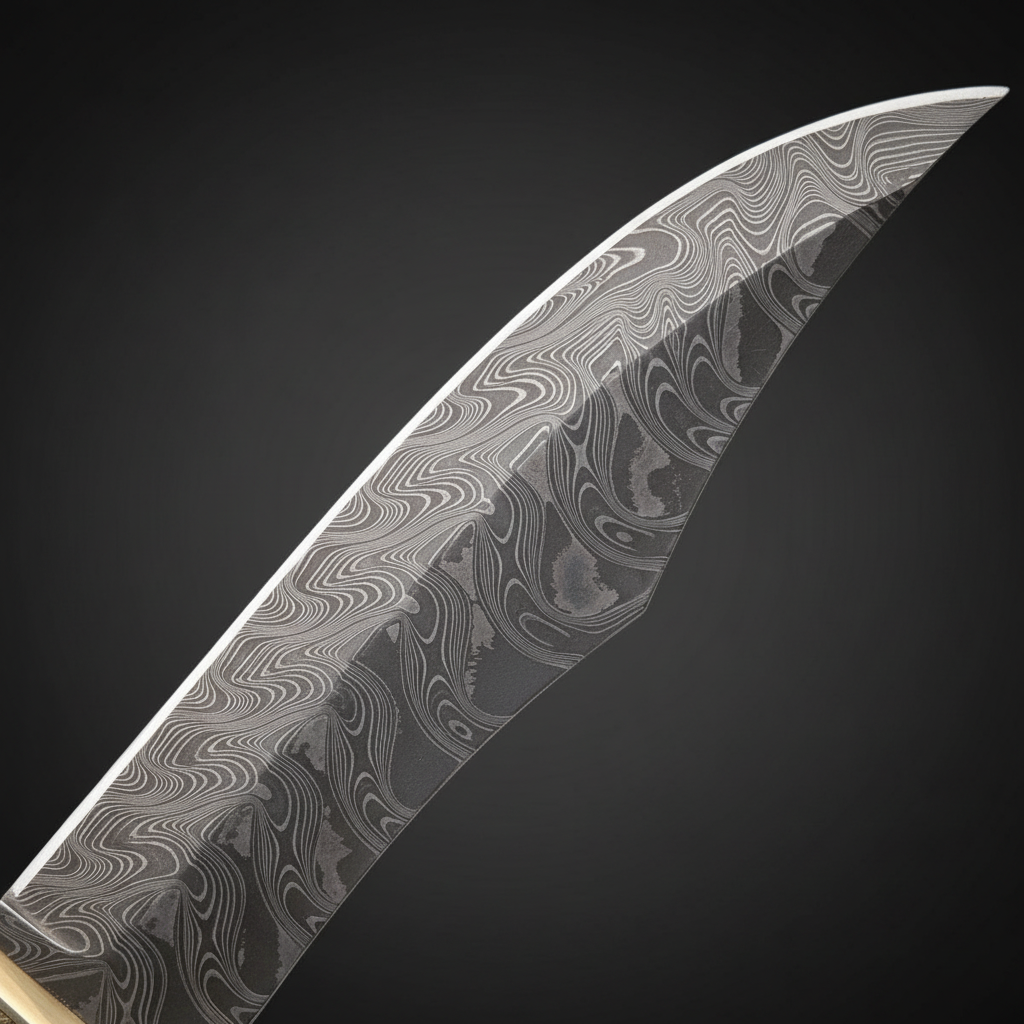 Damascus steel blade close-up showing beautiful swirling layered pattern and upswept Bowie clip point