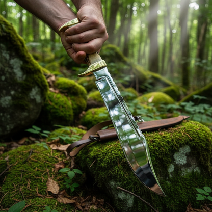 Hands holding large American classic Bowie knife with stag antler handle in outdoor forest setting