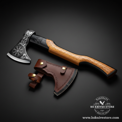 Viking Norse tomahawk axe with carbon steel etched head and ash wood handle on dark charcoal background studio shot