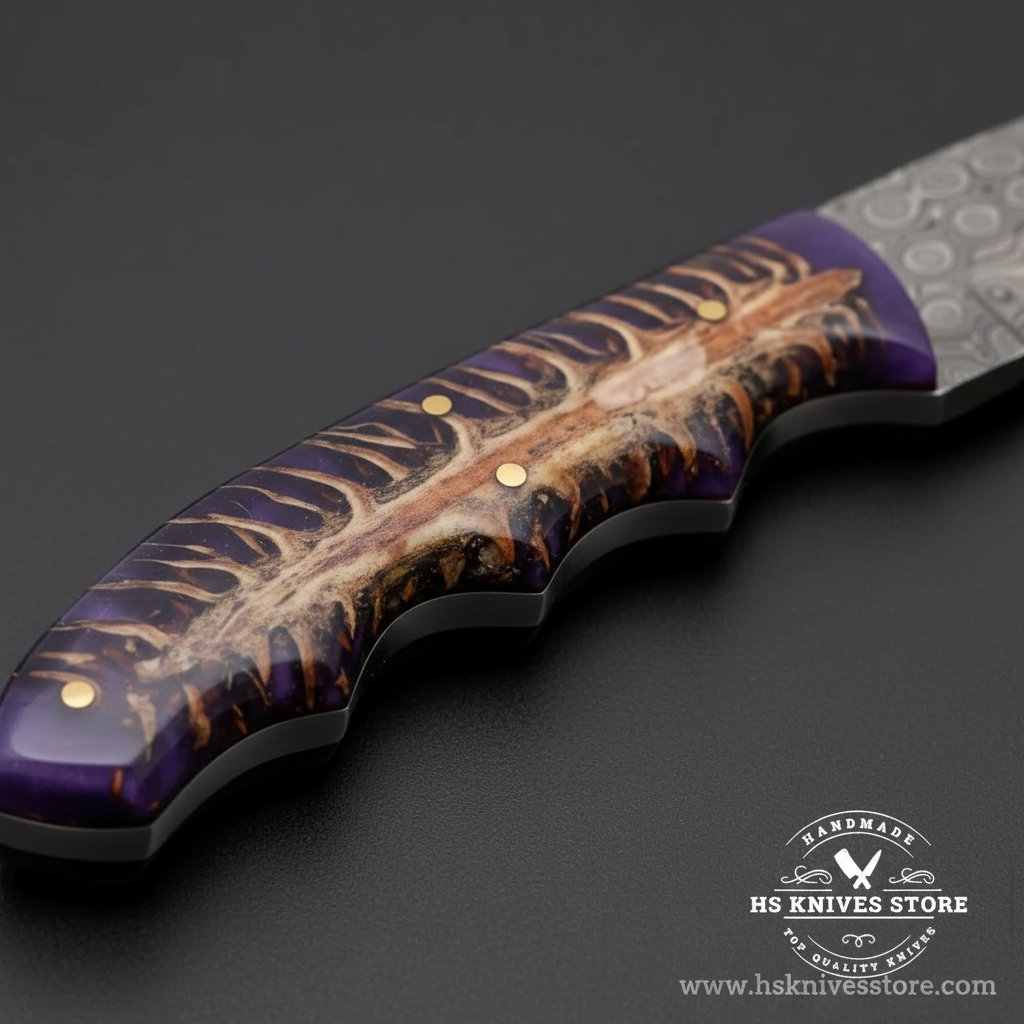 Macro view of purple resin stabilized pine cone center and stag antler end caps with brass pins on Damascus hunting knife
