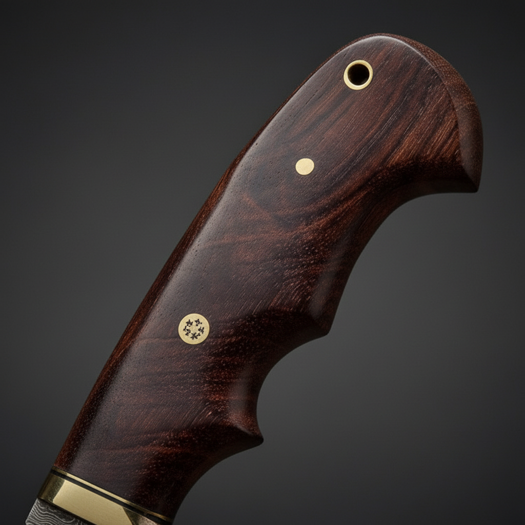 Close-up macro of walnut wood handle with brass pins and brass bolster on Damascus hunting knife