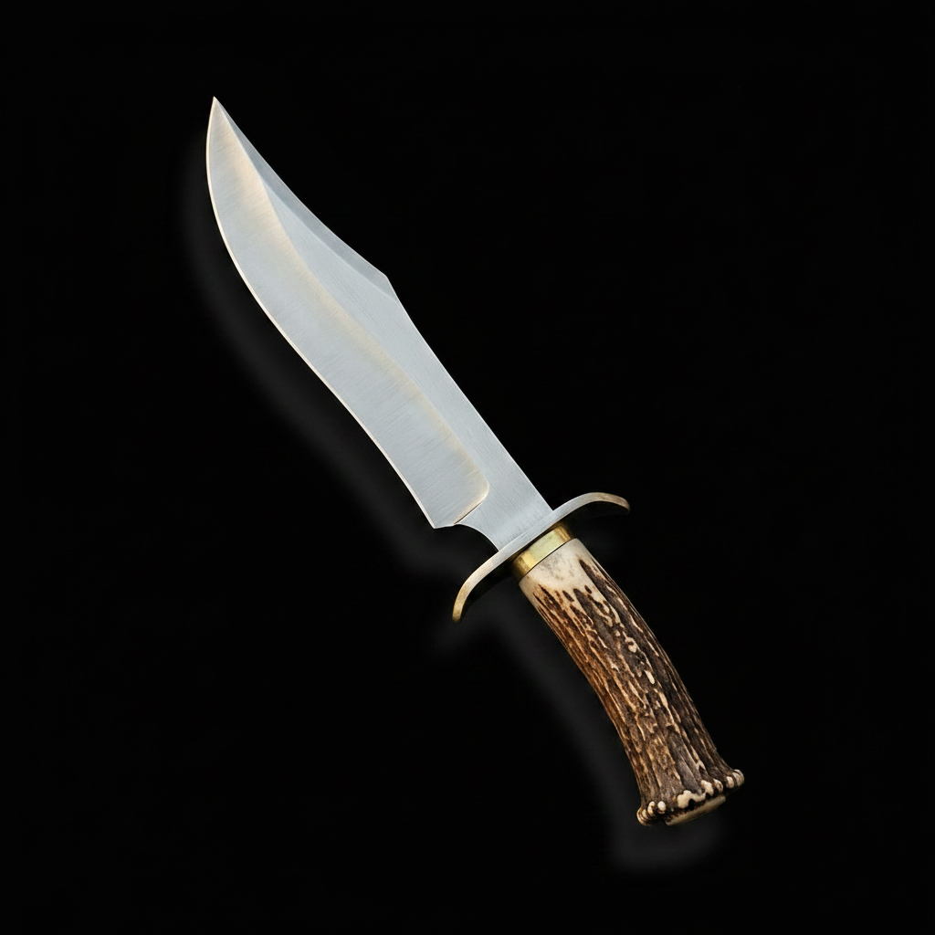 D2 steel clip point Bowie knife with antler handle on black background dramatic studio lighting