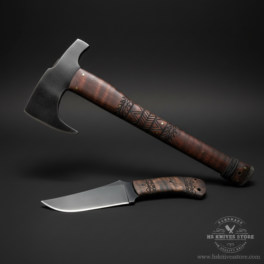 Carbon steel Viking axe and knife gift set Norse tribal engraved walnut handles dark charcoal studio background