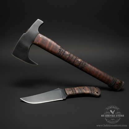 Carbon steel Viking axe and knife gift set Norse tribal engraved walnut handles dark charcoal studio background
