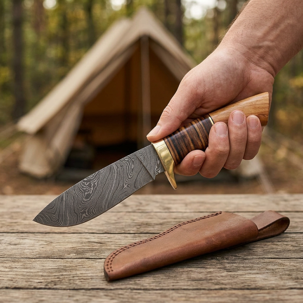 Single-hand camping display of olivewood-handled Damascus skinner with separate sheath