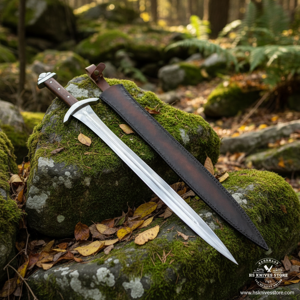 D2 steel Viking sword with rosewood handle and leather scabbard resting on mossy rocks in outdoor forest setting