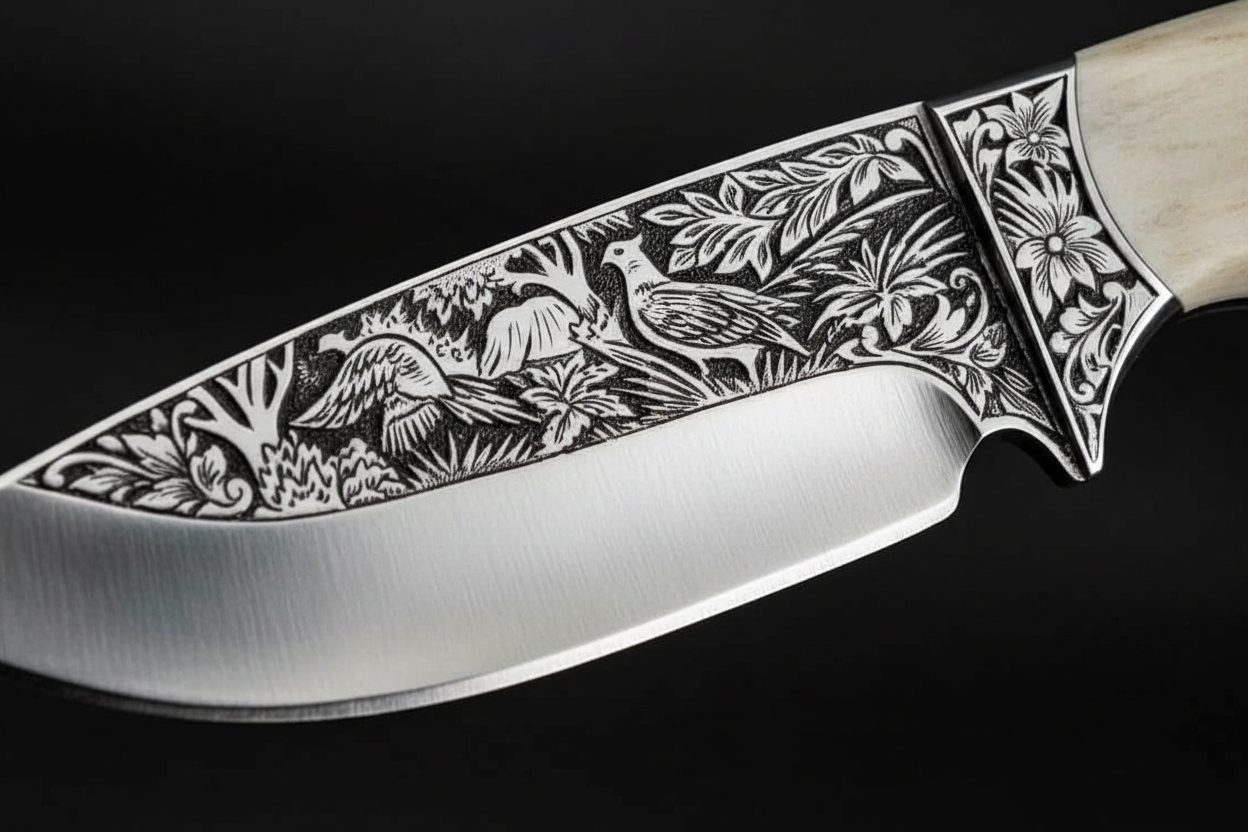 Close up macro shot of D2 steel skinner knife blade showing hand engraved floral scrollwork and eagle design with polished edge