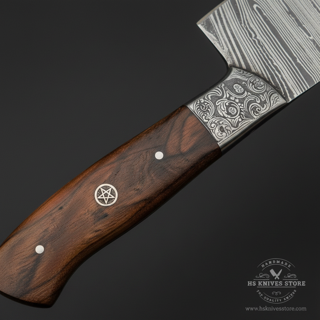 Damascus chef knife walnut wood handle Celtic star medallion silver pin engraved bolster macro close-up