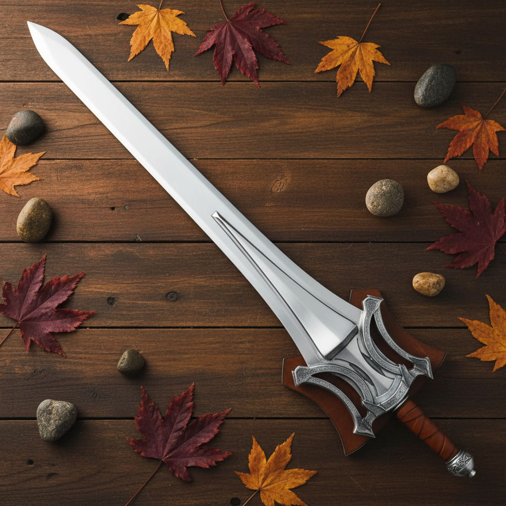 Fantasy medieval broad sword flat lay on rustic dark wood with autumn leaves and stones