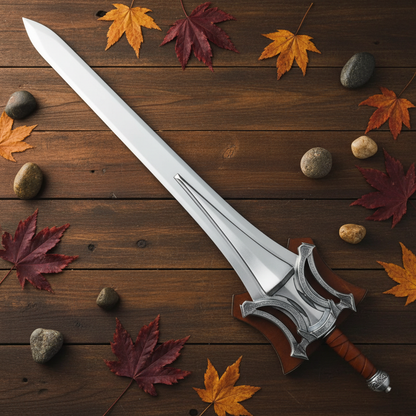 Fantasy medieval broad sword flat lay on rustic dark wood with autumn leaves and stones