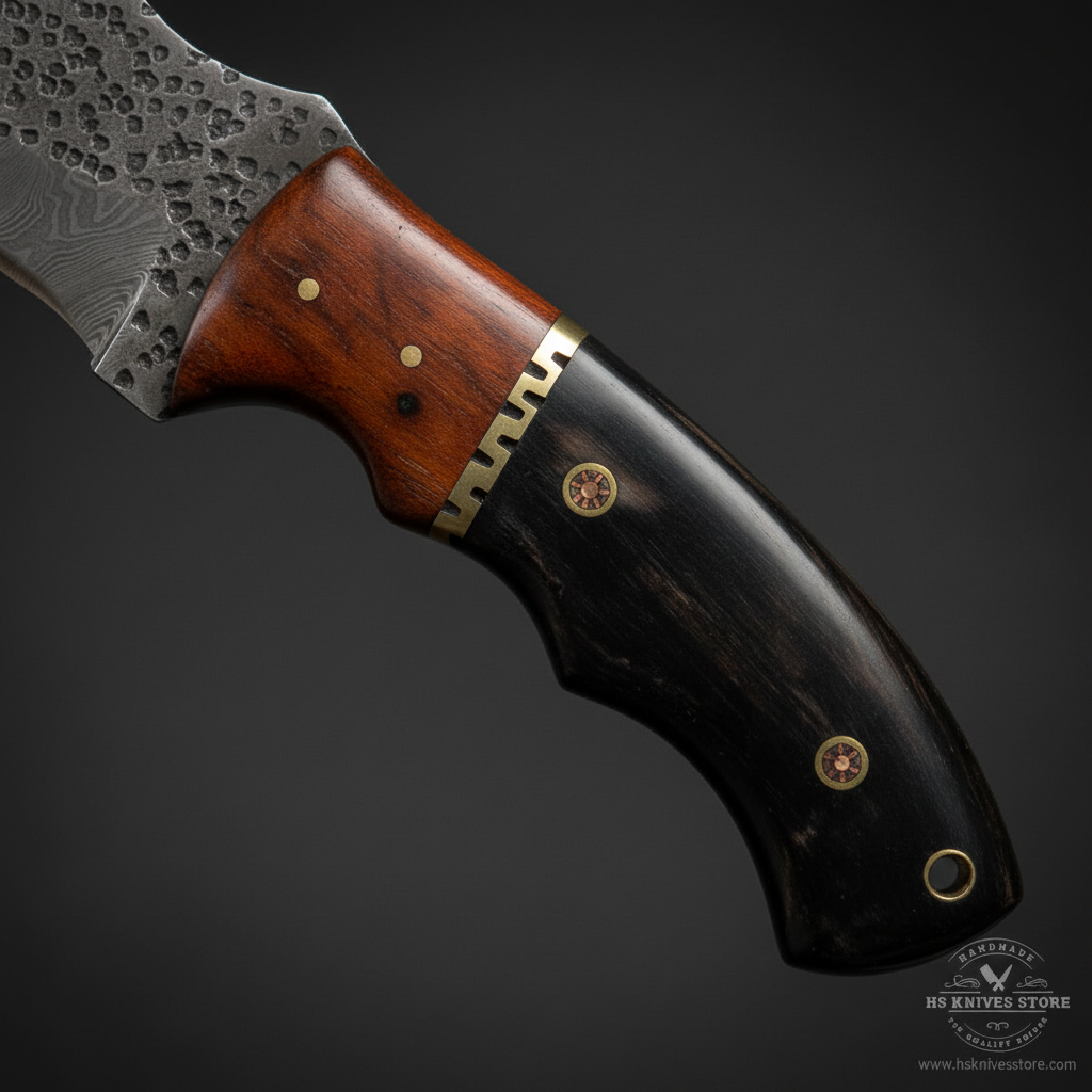 Close-up macro of buffalo horn and rosewood handle with brass serrated guard and copper rivets on Damascus tracker knife