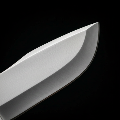 Macro D2 steel blade satin finish drop point tip clean grind bevel handmade Bowie knife