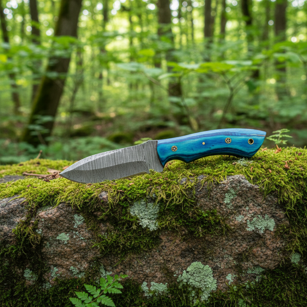 Damascus steel skinner knife with blue pakkawood handle resting on mossy granite rock outdoor forest setting natural daylight